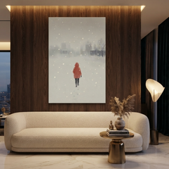 Red Coat Snowfall Walk Cozy Watercolor Canvas Wall Art Prints