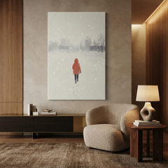 Red Coat Snowfall Walk Cozy Watercolor Canvas Wall Art Prints