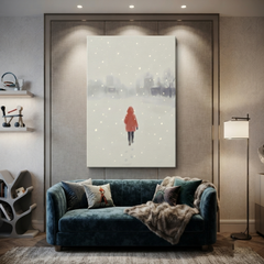 Red Coat Snowfall Walk Cozy Watercolor Canvas Wall Art Prints