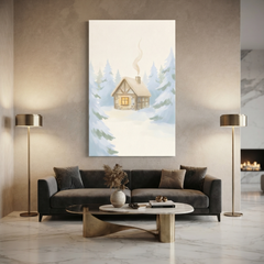 Snowy Pine Forest Cabin Cozy Watercolor Canvas Wall Art Prints