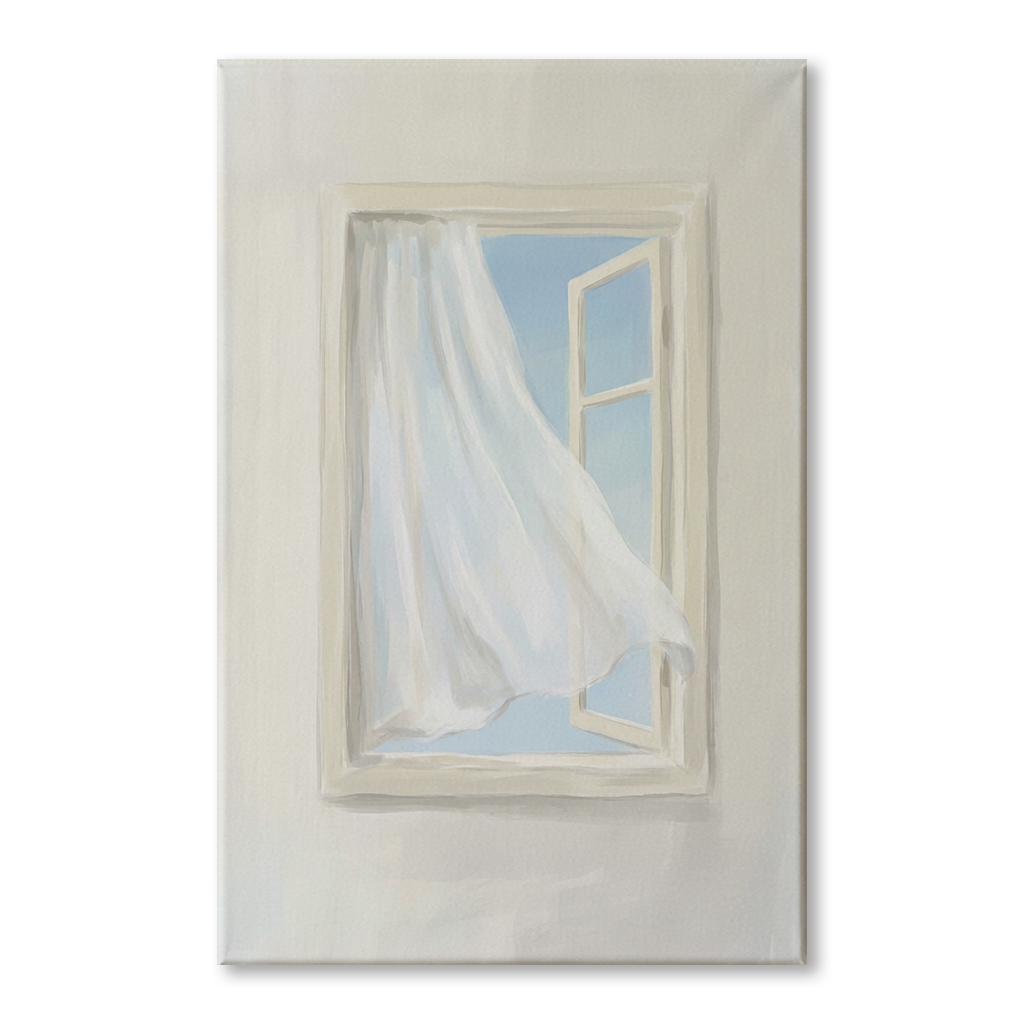 Breezy Open Window Curtain Cozy Watercolor Canvas Wall Art Prints, zoom in to see the canvas