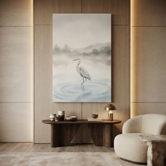 Misty Lake Grey Heron Cozy Watercolor Canvas Wall Art Prints