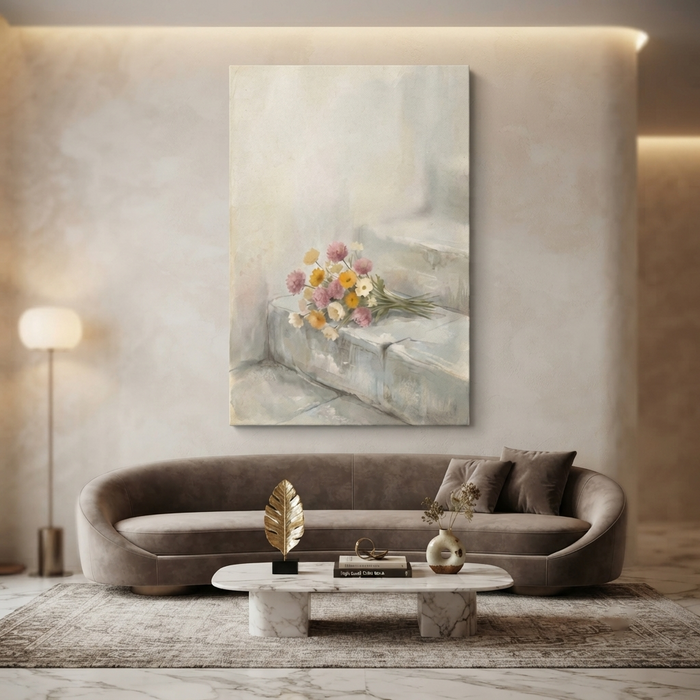 Wildflower Bouquet Stone Steps Cozy Watercolor Canvas Wall Art Prints