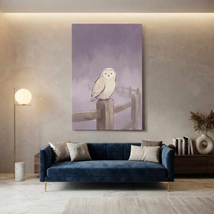 Snowy Owl Lavender Mist Cozy Watercolor Canvas Wall Art Prints