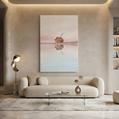 Blush Lake Cabin Reflection Cozy Watercolor Canvas Wall Art Prints