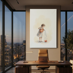 Little Girl Watering Bloom Cozy Watercolor Canvas Wall Art Prints