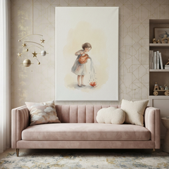 Little Girl Watering Bloom Cozy Watercolor Canvas Wall Art Prints
