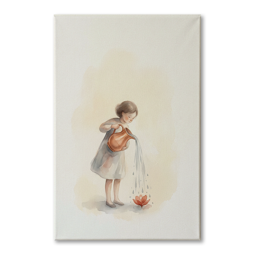 Little Girl Watering Bloom Cozy Watercolor Canvas Wall Art Prints, zoom in to see the canvas