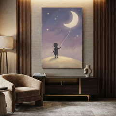 Little Girl Moon Balloon Cozy Watercolor Canvas Wall Art Prints