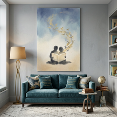 Storybook Birds Reading Together Cozy Watercolor Canvas Wall Art Prints