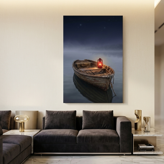 Lantern Boat at Night – Soft Surreal Conceptual Canvas Print Art