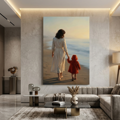 Mother and Child, Golden Shore – Soft Surreal Conceptual Canvas Art