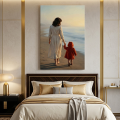 Mother and Child, Golden Shore – Soft Surreal Conceptual Canvas Art