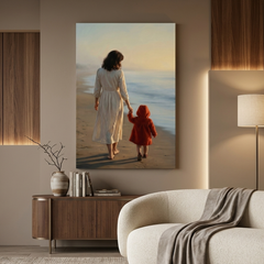 Mother and Child, Golden Shore – Soft Surreal Conceptual Canvas Art
