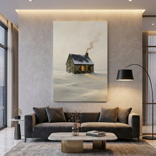 Lone Cottage in Endless Snow – Soft Surreal Conceptual Canvas Art