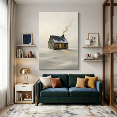 Lone Cottage in Endless Snow – Soft Surreal Conceptual Canvas Art