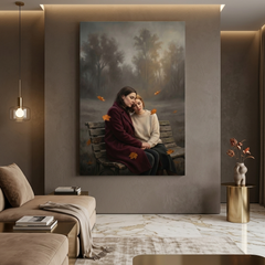 Autumn Embrace on a Bench – Soft Surreal Conceptual Canvas Art