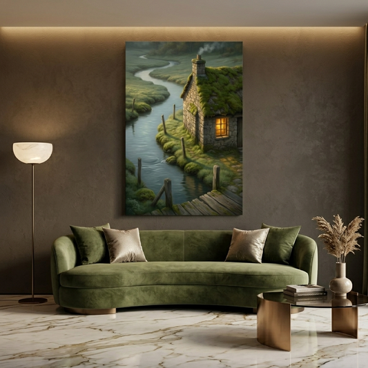 Moss Cottage by the River – Soft Surreal Conceptual Canvas Art