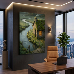 Moss Cottage by the River – Soft Surreal Conceptual Canvas Art