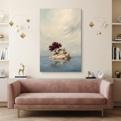 The Crimson Tree Isle – Soft Surreal Conceptual Canvas Art
