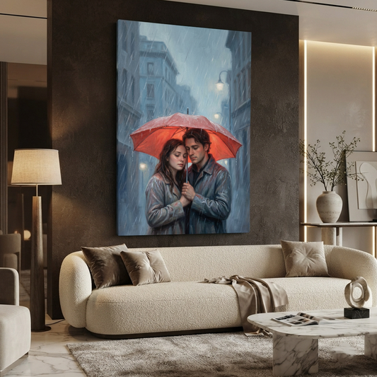 The Red Umbrella Embrace – Soft Surreal Conceptual Canvas Art