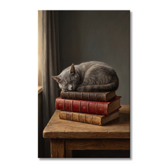 The Sleepy Scholar Cat – Soft Surreal Conceptual Canvas Art