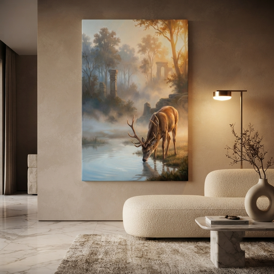 The Deer At Dawn Ruins – Soft Surreal Conceptual Canvas Art