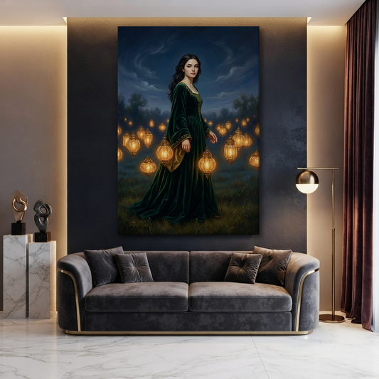 The Lantern Field Walk – Soft Surreal Conceptual Canvas Art