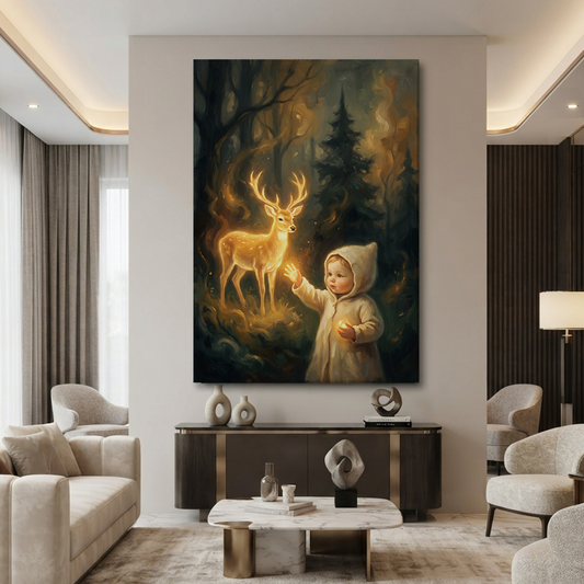 The Golden Deer Encounter – Soft Surreal Conceptual Canvas Art