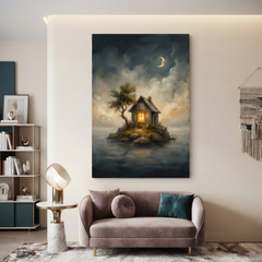 The Lonely Moonlit Cottage – Soft Surreal Conceptual Canvas Art
