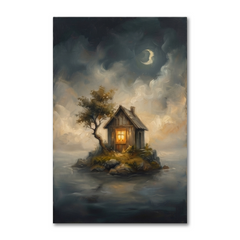 The Lonely Moonlit Cottage – Soft Surreal Conceptual Canvas Art