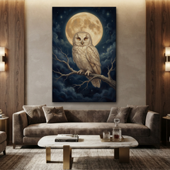The Moonlit Guardian Owl – Soft Surreal Conceptual Canvas Art