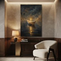 The Candlelit Paper Voyage – Soft Surreal Conceptual Canvas Art