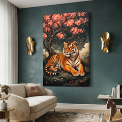 Tiger Beneath Blossom Rain – Soft Surreal Conceptual Canvas Art