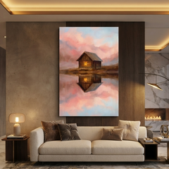 The Pink Sky Mirror Cabin – Soft Surreal Conceptual Canvas Art