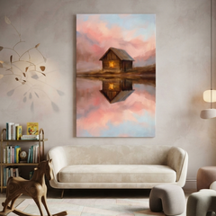 The Pink Sky Mirror Cabin – Soft Surreal Conceptual Canvas Art