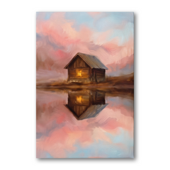 The Pink Sky Mirror Cabin – Soft Surreal Conceptual Canvas Art