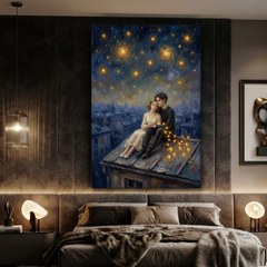 Rooftop Under Swirling Stars – Soft Surreal Conceptual Canvas Art