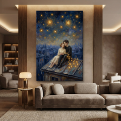 Rooftop Under Swirling Stars – Soft Surreal Conceptual Canvas Art