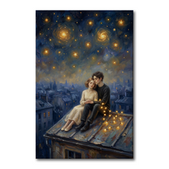 Rooftop Under Swirling Stars – Soft Surreal Conceptual Canvas Art
