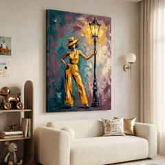 Golden Lady Streetlamp Glow – Women Figurative Canvas Prints