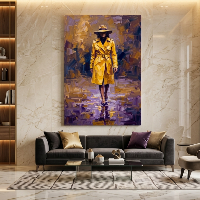 Yellow Coat Rainy Reflection – Women Figurative Canvas Prints
