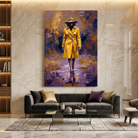 Yellow Coat Rainy Reflection – Women Figurative Canvas Prints
