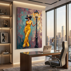 Yellow Elegance Streetlamp Pose – Women Figurative Canvas Prints