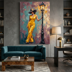 Yellow Elegance Streetlamp Pose – Women Figurative Canvas Prints