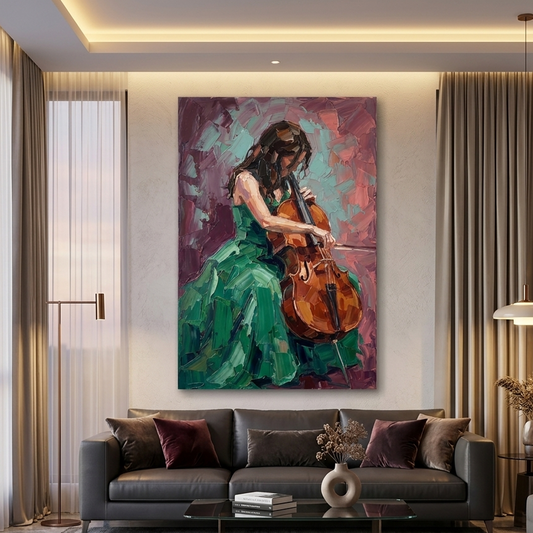 Green Gown Cello Solo – Women Figurative Canvas Prints