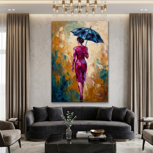 Magenta Walk Blue Umbrella – Women Figurative Canvas Prints