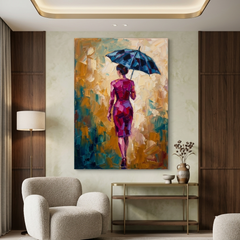 Magenta Walk Blue Umbrella – Women Figurative Canvas Prints