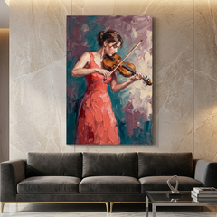 Coral Gown Violin Serenade – Women Figurative Canvas Prints