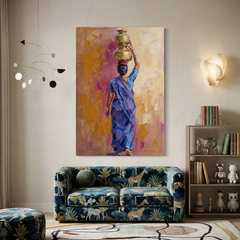 Blue Saree Golden Pots – Women Figurative Canvas Prints